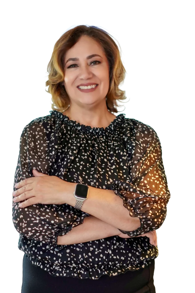 Professional notary public in New Jersey smiling confidently at her office