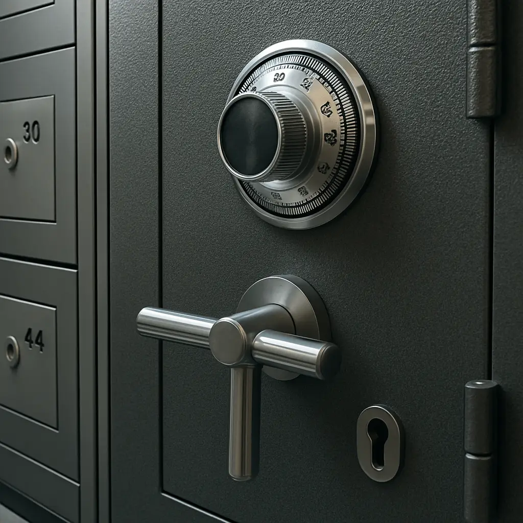 Close-up of a secure safe deposit box with combination dial and locking handle