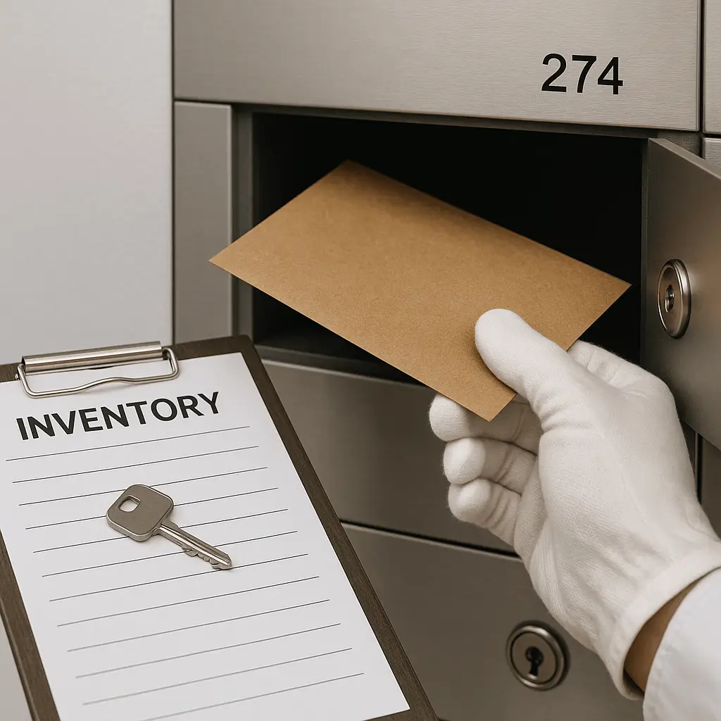 A gloved hand places a brown envelope into a safety deposit box numbered 274. In the foreground, a clipboard labeled Inventory holds a key—ideal for clients seeking Legal Document Notarization New Jersey.