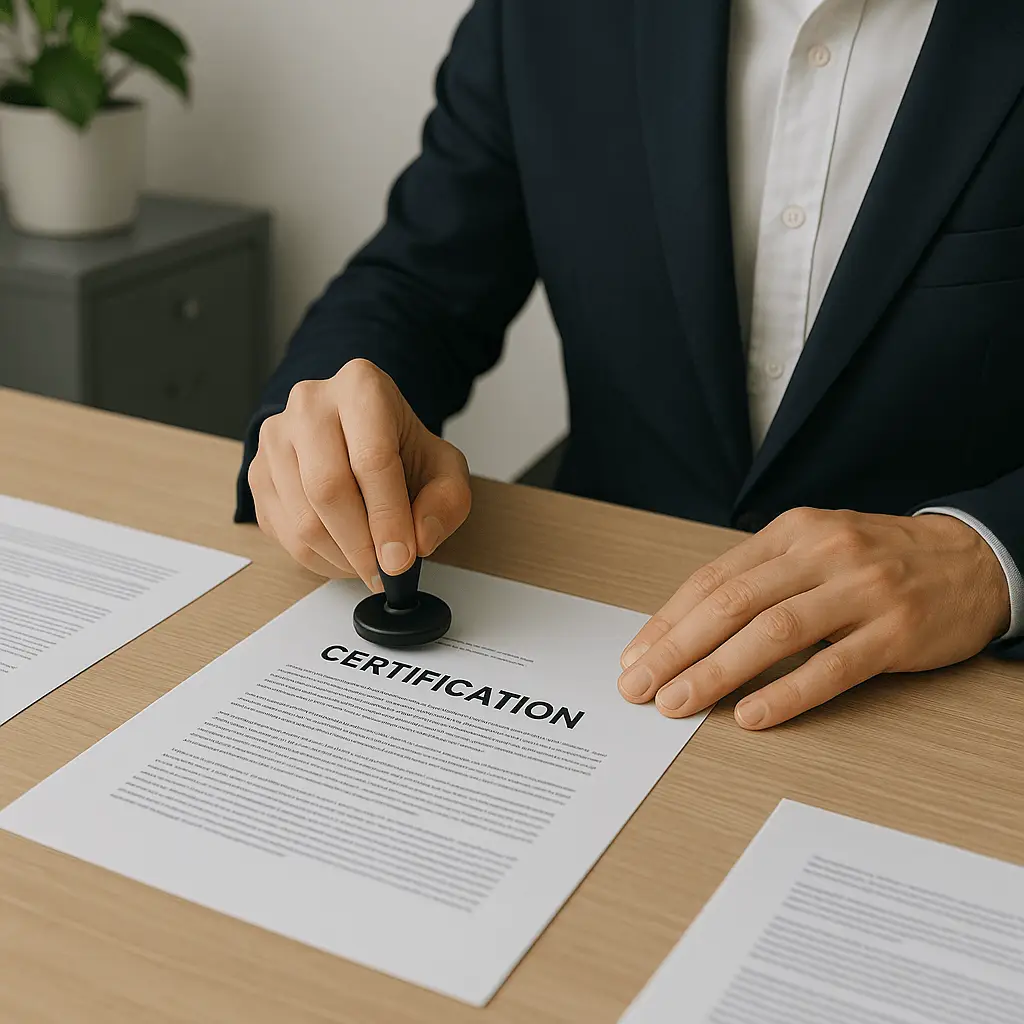 Notary stamping a certification document on a desk