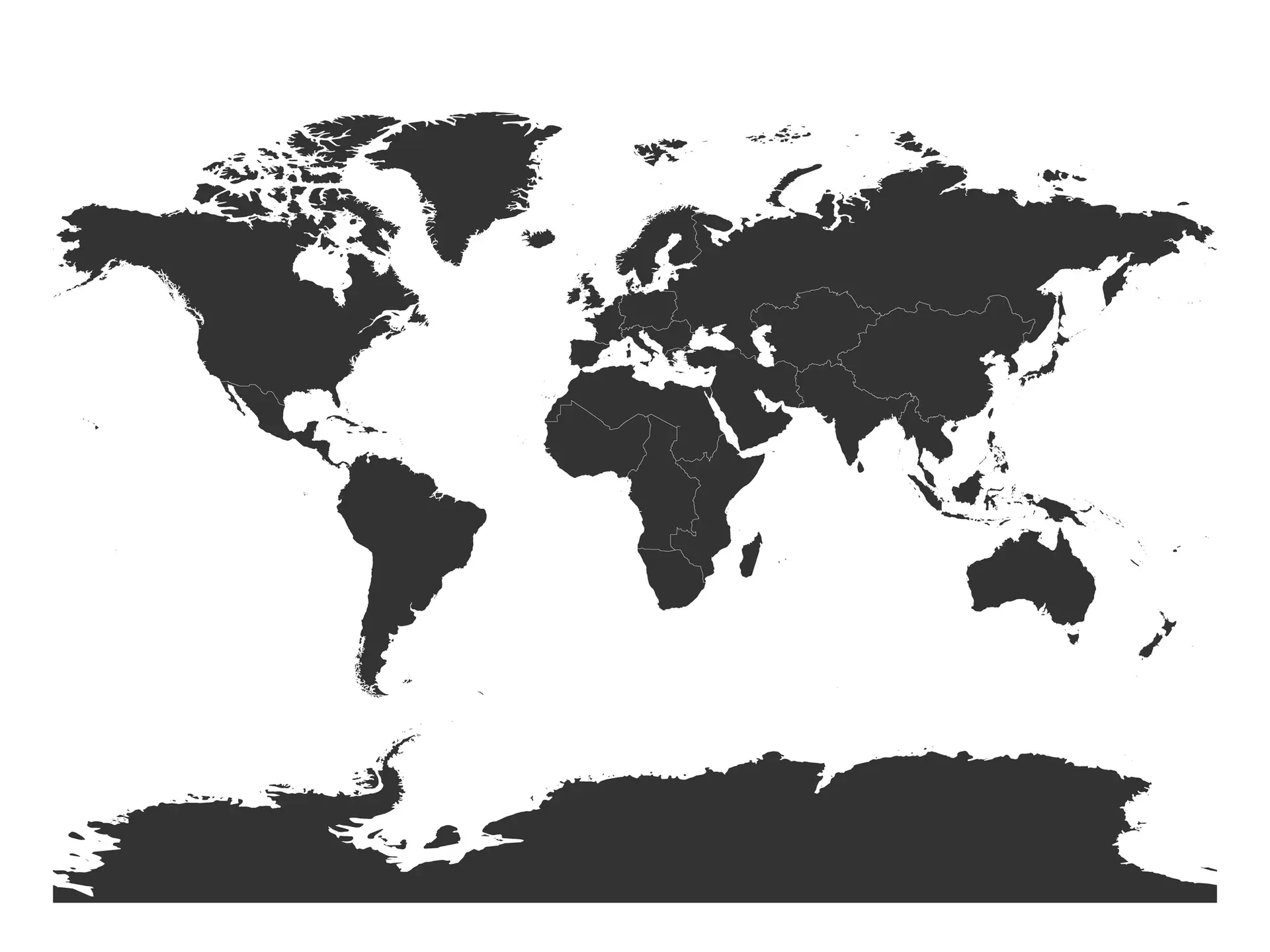 A black and white silhouette world map showing all continents with country borders outlined but not labeled, on a white background—perfect for offices offering Mobile Notary Services New Jersey or Legal Document Notarization New Jersey.