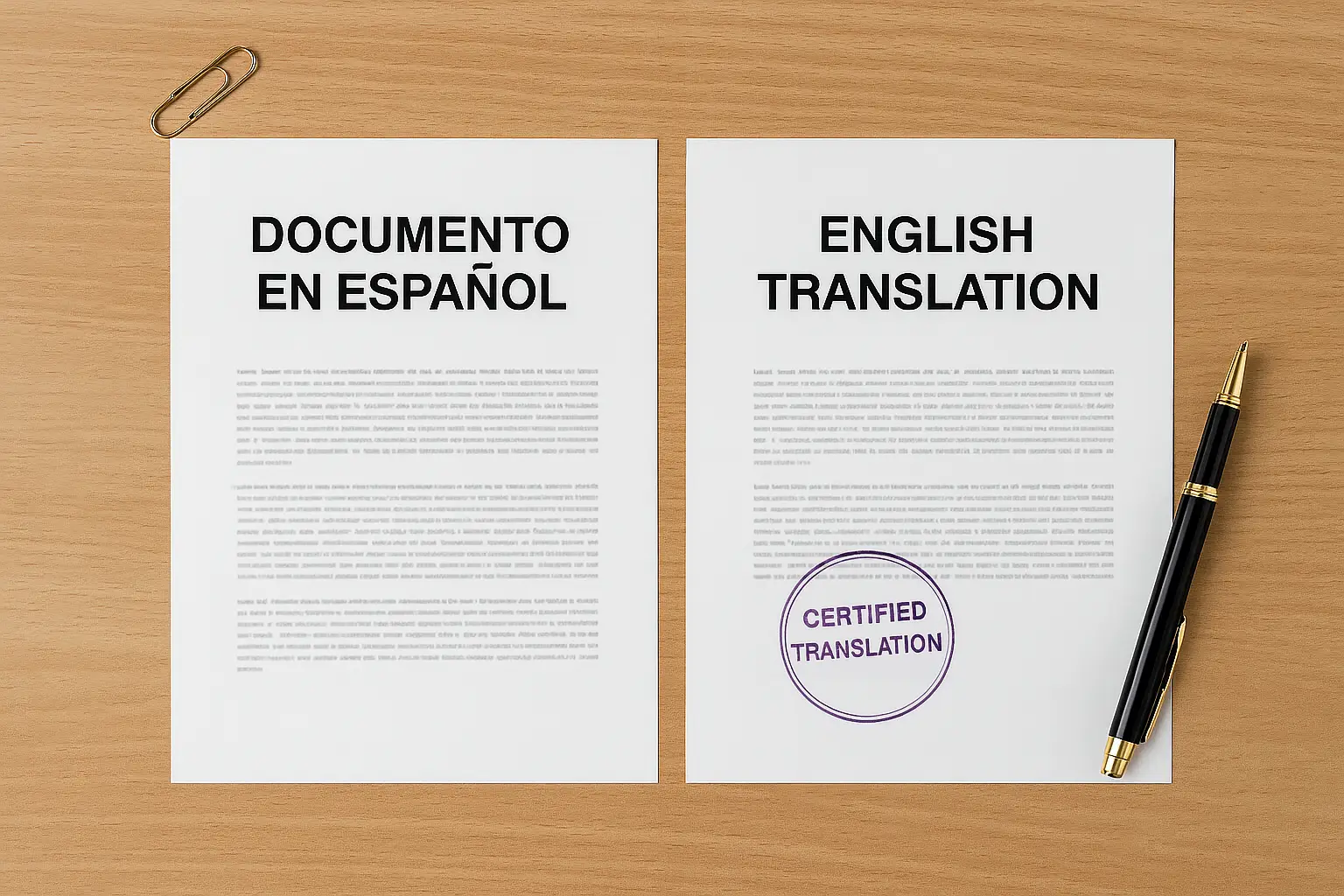 Flat-lay of certified Spanish to English translation documents with stamp and pen in New Jersey