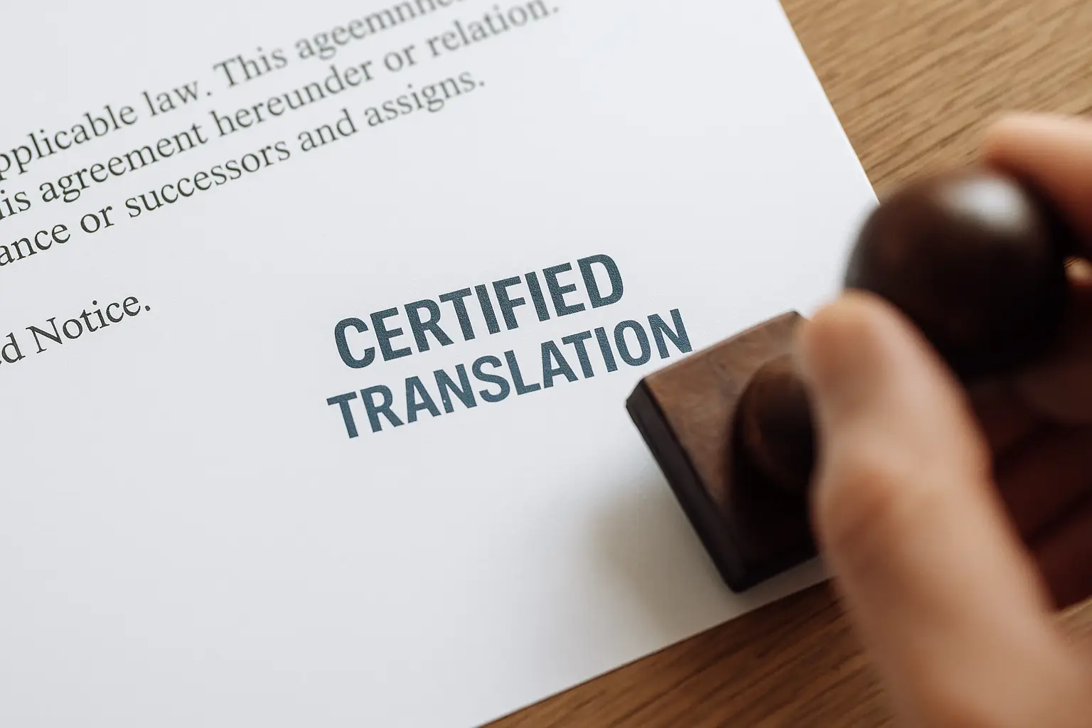 A hand stamps a document labeled CERTIFIED TRANSLATION on a wooden desk, illustrating Legal Document Notarization New Jersey and the official approval or authentication of translated texts.