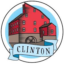 Town seal of Clinton, NJ featuring the historic Red Mill with a blue banner