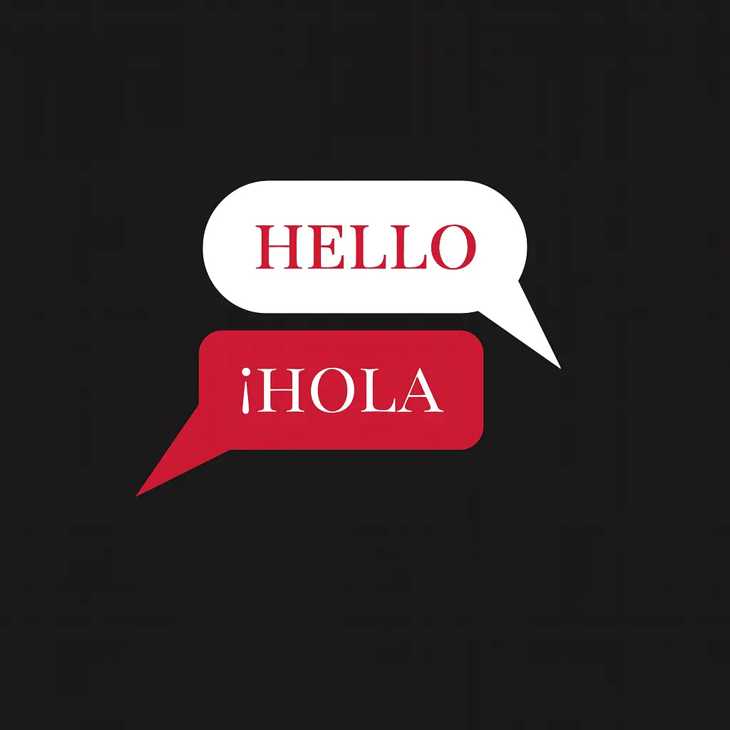 Speech bubbles showing "HELLO" and "¡HOLA" to represent Spanish to English translation
