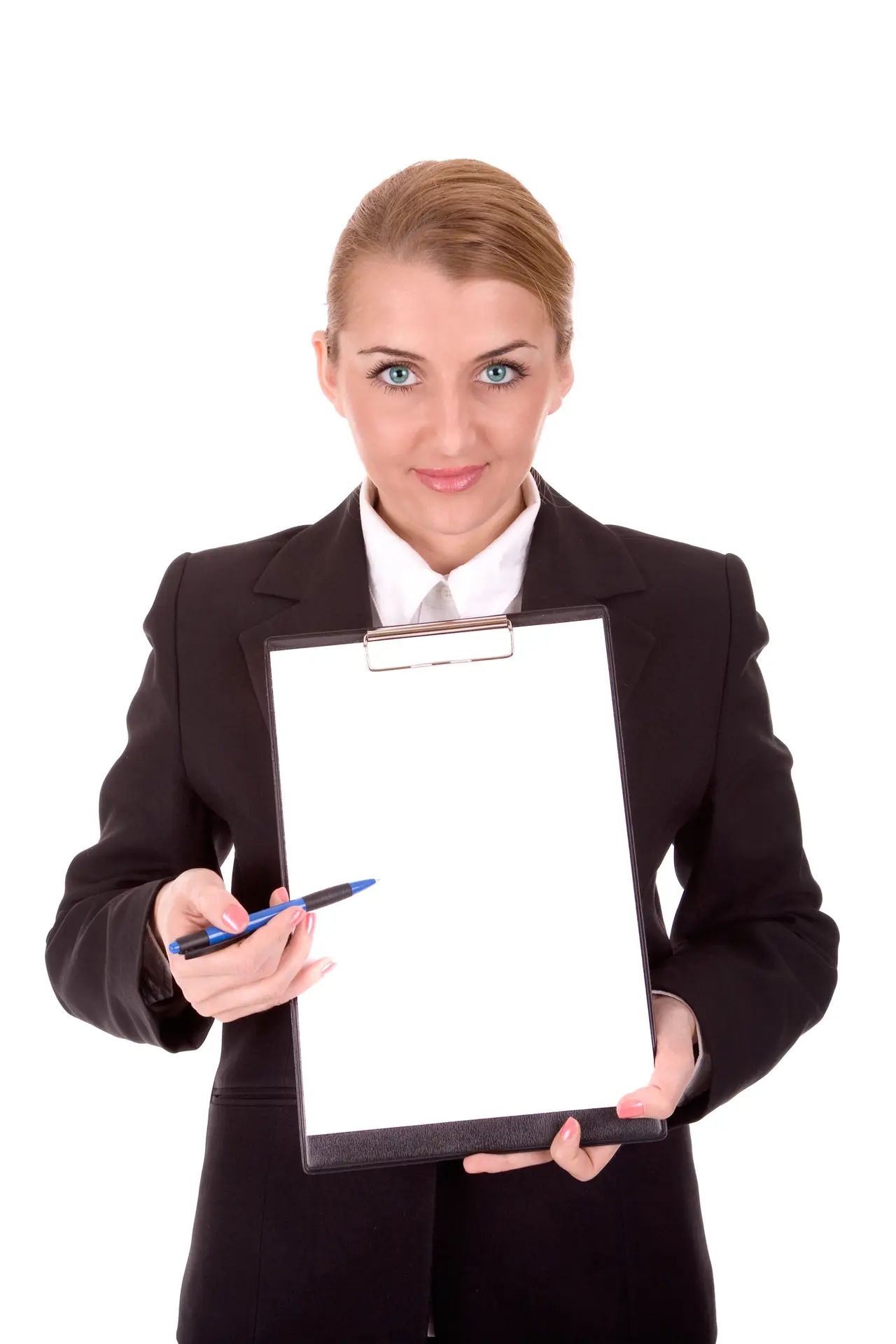 Businesswoman holding clipboard and pen for I-9 verification form completion