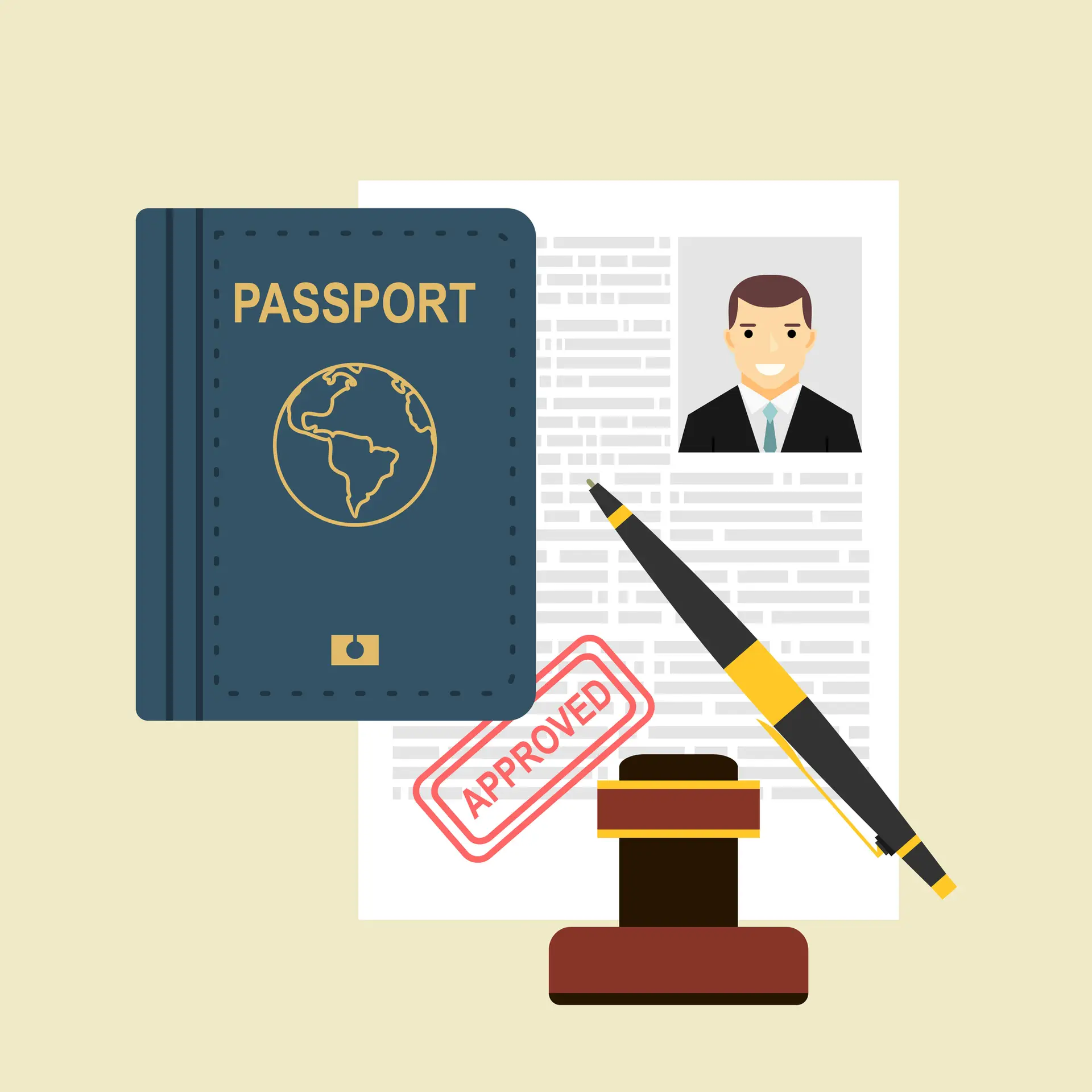 Illustration of passport, approved document, gavel, and pen representing notary services for legal identification in New Jersey