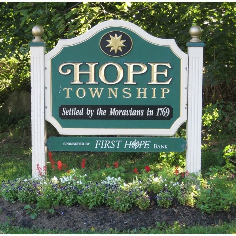 Hope Township NJ welcome sign with historical reference and First Hope Bank sponsorship