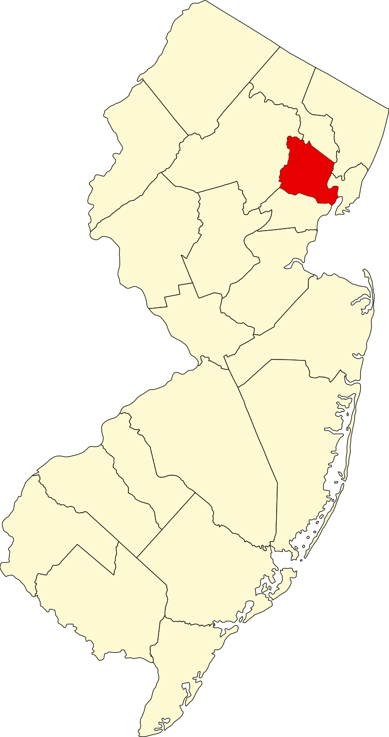Outline map of New Jersey with its counties, highlighting one county in red in the northeastern part of the state; the rest of the counties are shown in light beige.