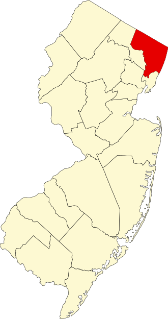 Map of New Jersey with counties outlined; the northeasternmost county is highlighted in red, indicating a specific location.