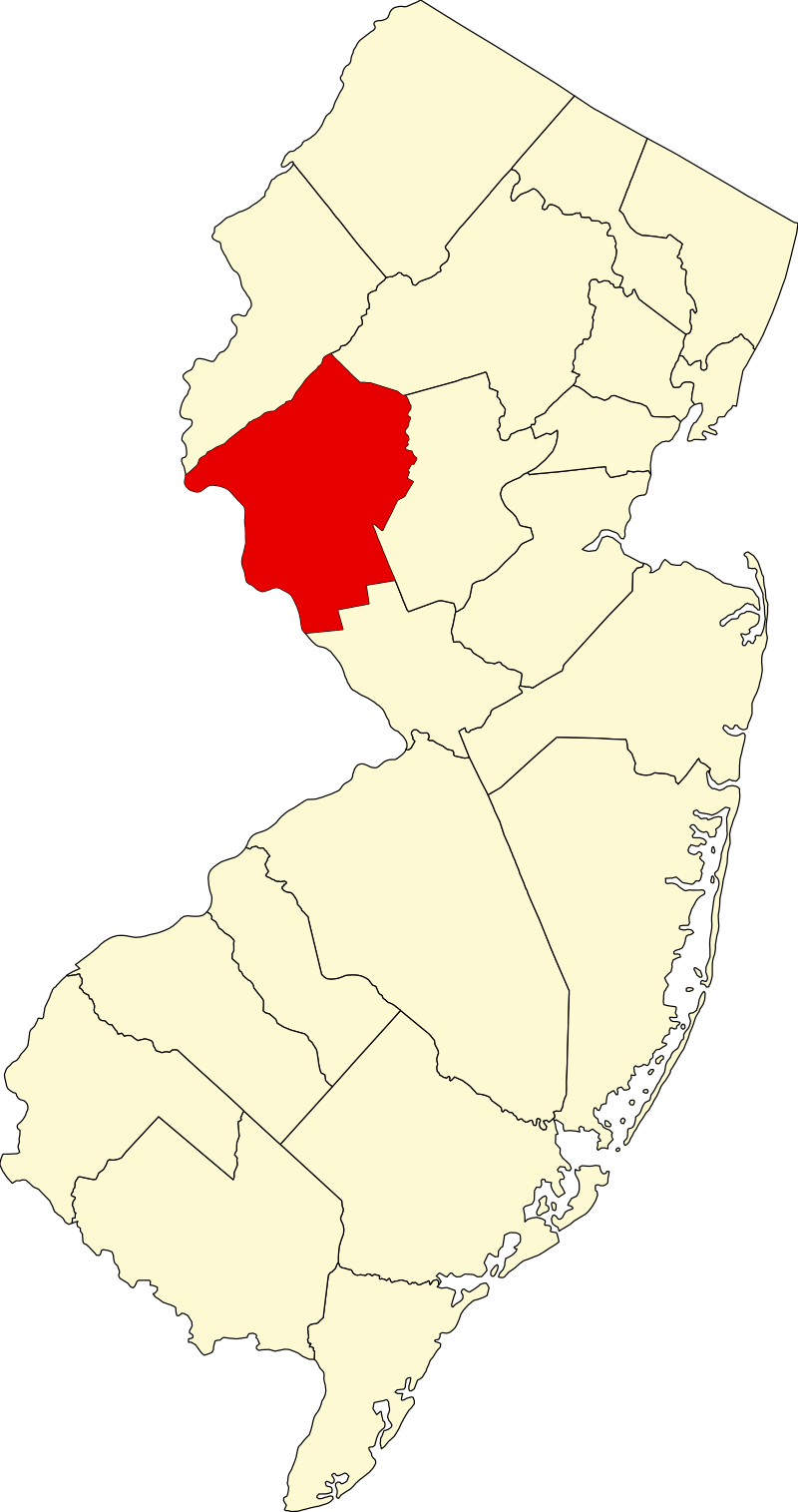 Map of New Jersey with one county in the north-central part highlighted in red, indicating a specific region within the state.