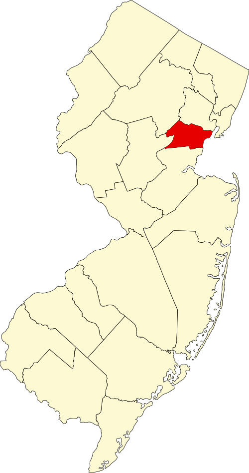 Outline map of New Jersey with one county, shaded in red, highlighted in the northeastern part of the state. The rest of the counties are shown in light yellow with black borders.