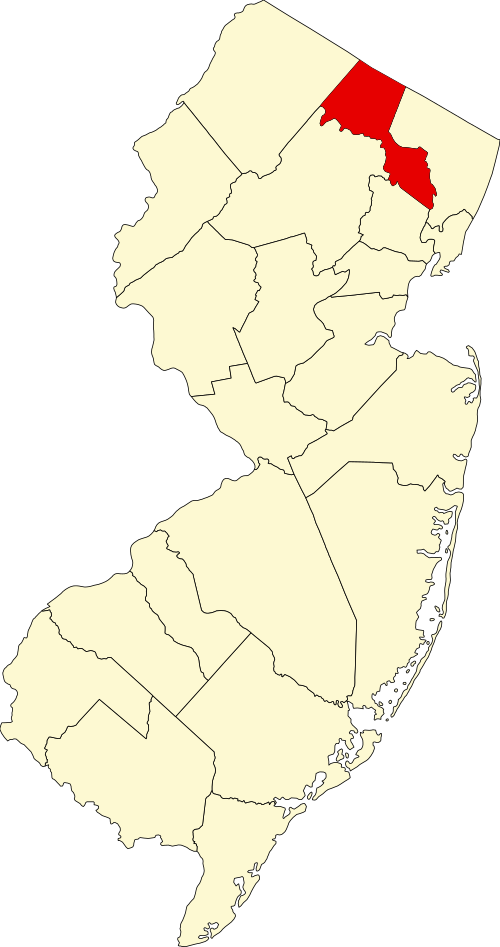 Map of New Jersey with one northern county highlighted in red, indicating its location among the states counties—perfect for locating Mobile Notary Services New Jersey quickly and easily.