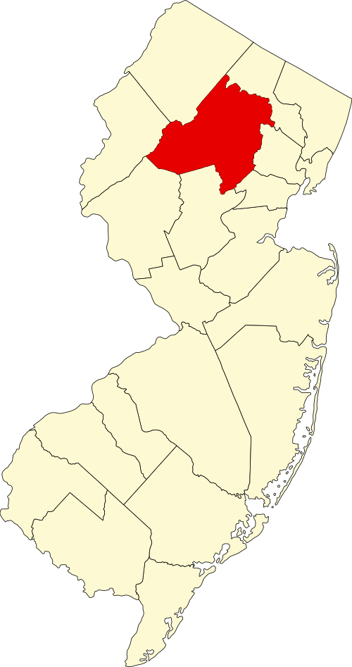Map of New Jersey with Morris County highlighted in red, showing its location in the northern part of the state.